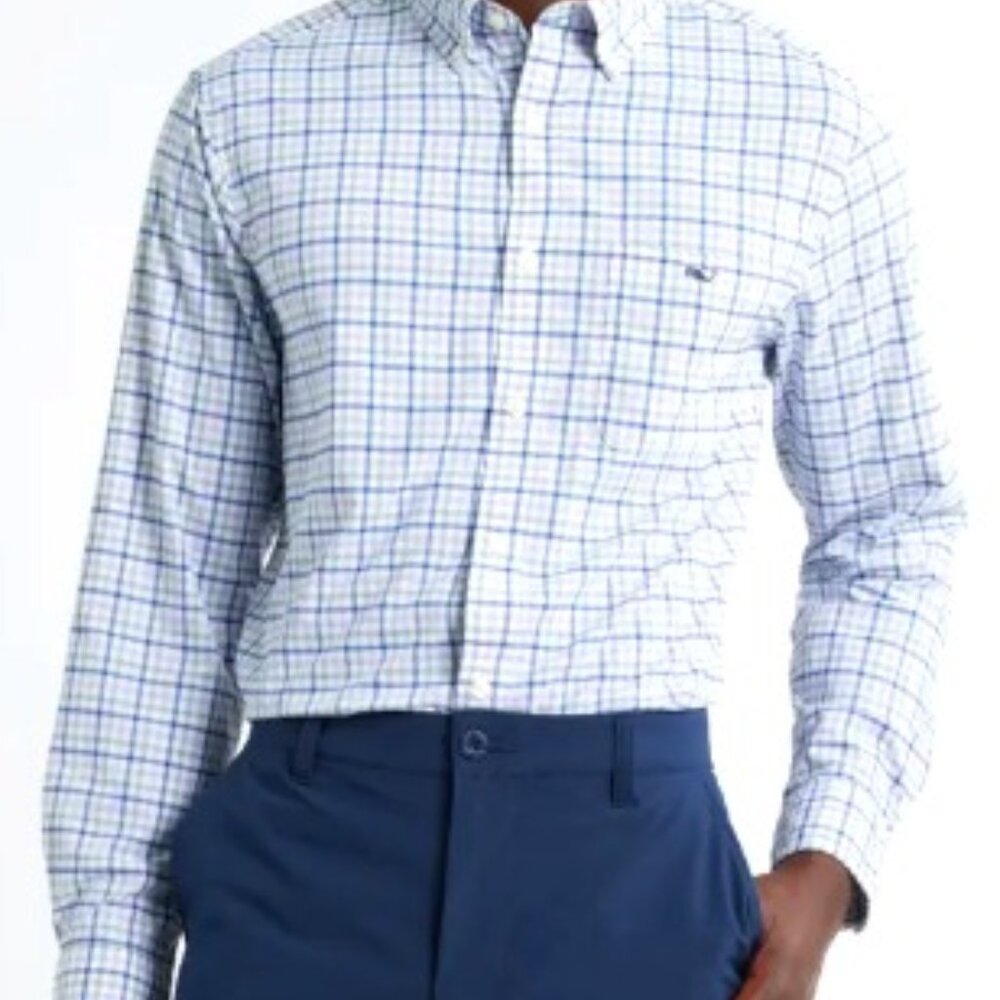 Vineyard Vines Grey Blue White Shirt Slim Fit Single Line Gingham Size M NWOT